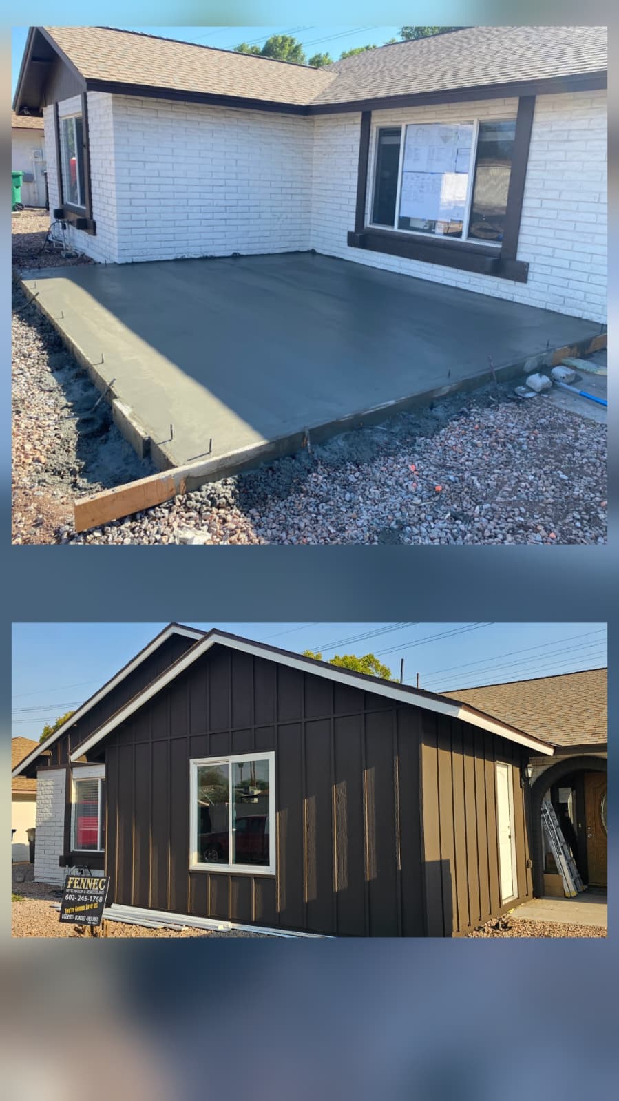 Finished steel-slat pergola built over an outdoor seating area